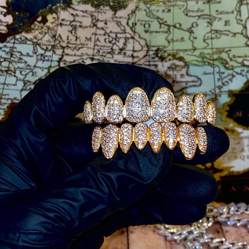 Gold fully iced out 8 teeth grills set